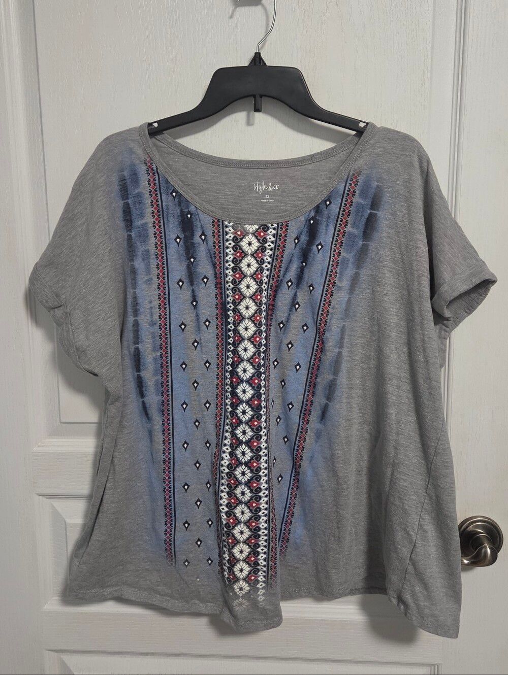 Style & Co Bohemian Top Round Neck Cuff Sleeve Shirt Tie Dye Womens 3XL